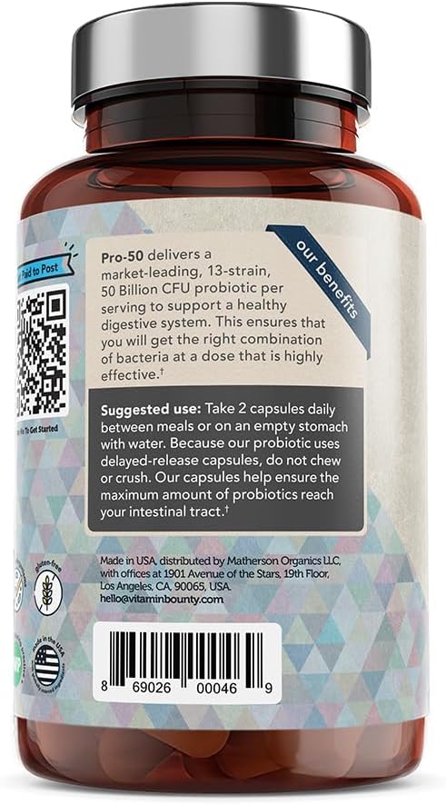 Vitamin Bounty Pro-50 Probiotic 50 Billion CFU - 13 Strain Supplement for Men & Women + Prebiotics - Digestive Health & Gut Support - Lactobacillus & Bifidobacterium - Delayed Release Capsules, 2 Pack