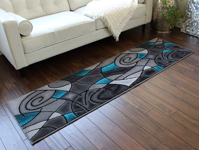 Masada Rugs, Modern Contemporary Runner Area Rug, Blue Grey Black (2 Feet X 7 Feet)