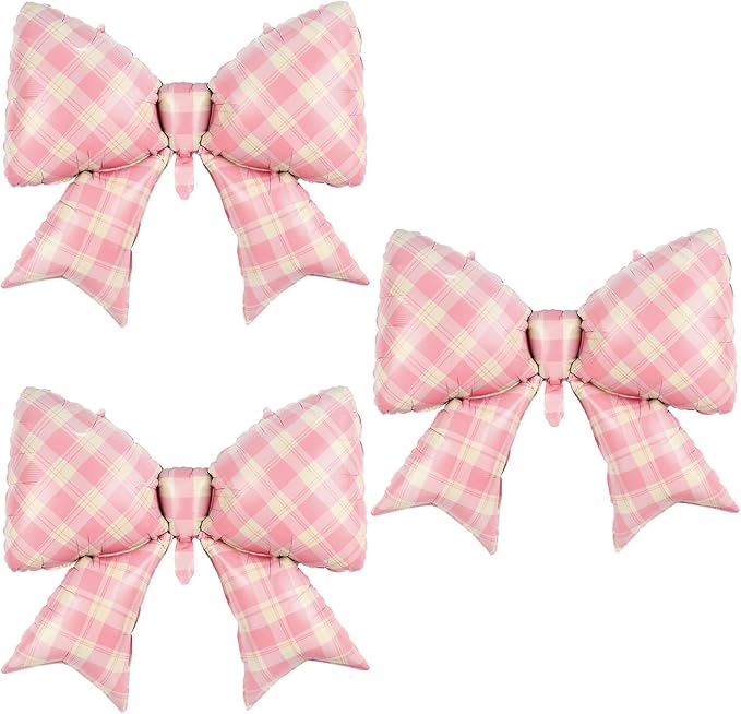 FBQ 3 PCS Bow Pink Checkered Balloons Bow Theme Girls Birthday Party Engagement Bachelorette Party Baby Shower Decoration Supplies