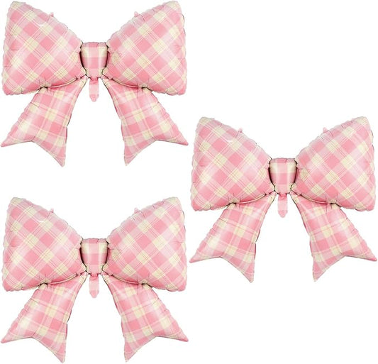 FBQ 3 PCS Bow Pink Checkered Balloons Bow Theme Girls Birthday Party Engagement Bachelorette Party Baby Shower Decoration Supplies