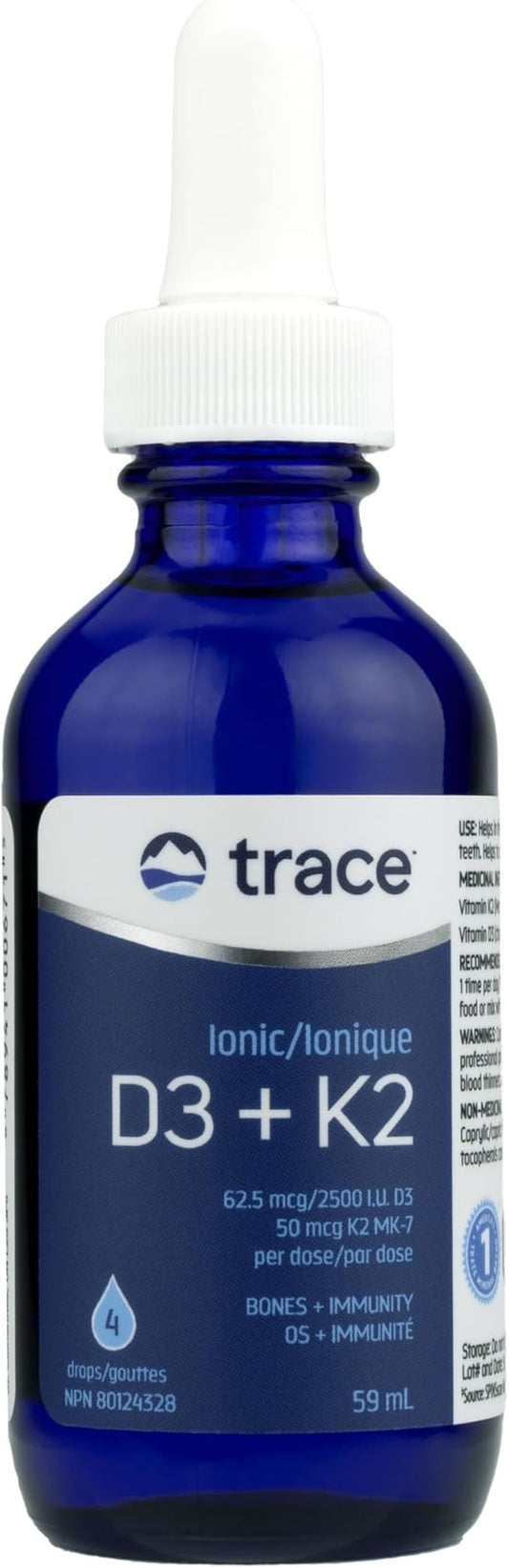 Trace Minerals Ionic D3 Plus K2 - with Vitamins D & K2 - Aids Bone Strength & Heart Health - Immune System Support Liquid - 2 fl oz (296 Servings)
