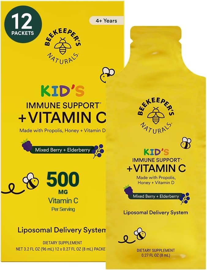 Kid's Immune Liposomal Vitamin C by Beekeeper's Naturals, 500 mg Vitamin C, Elderberry, Vitamin D, Propolis & Honey, Kid-Friendly Immune Support - Mixed Berry Flavor, Easy to Use, Bioavailable, 12 Ct