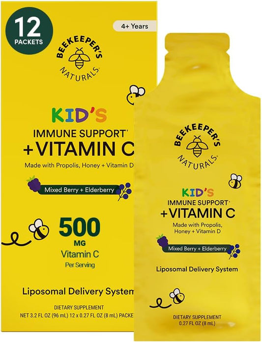 Kid's Immune Liposomal Vitamin C by Beekeeper's Naturals, 500 mg Vitamin C, Elderberry, Vitamin D, Propolis & Honey, Kid-Friendly Immune Support - Mixed Berry Flavor, Easy to Use, Bioavailable, 12 Ct