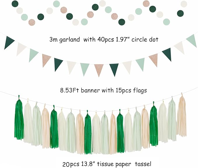 Olive-Sage Green Beige Champagne-Gold Party-Decorations - 33pcs Rustic Banner,Streamers Tassel Garland,Tissue Pom Poms,Paper Lantern Fans,Boho Neutral Baby Shower Birthday Bridal Decor Hugtmr