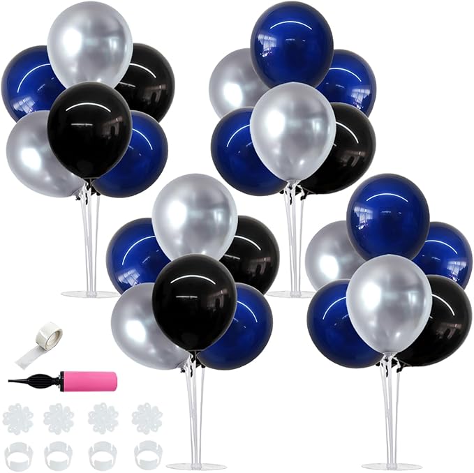 TONIFUL 4 Set Black and Blue Silver Balloon Centerpieces for Table,Balloon Stand Kit for Graduation Decorations 2025,Blue Party Decorations,Retirement,Birthday Decoration for men,Father's Day