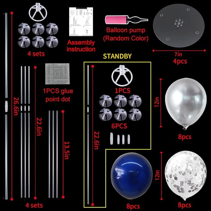 TONIFUL 4 Set Navy Blue Silver Balloon Centerpieces for Table,Balloon Stand Kit for Graduation Decoration 2026,Retirement Party Decorations,Men’s Birthday Decorations,Father's Day