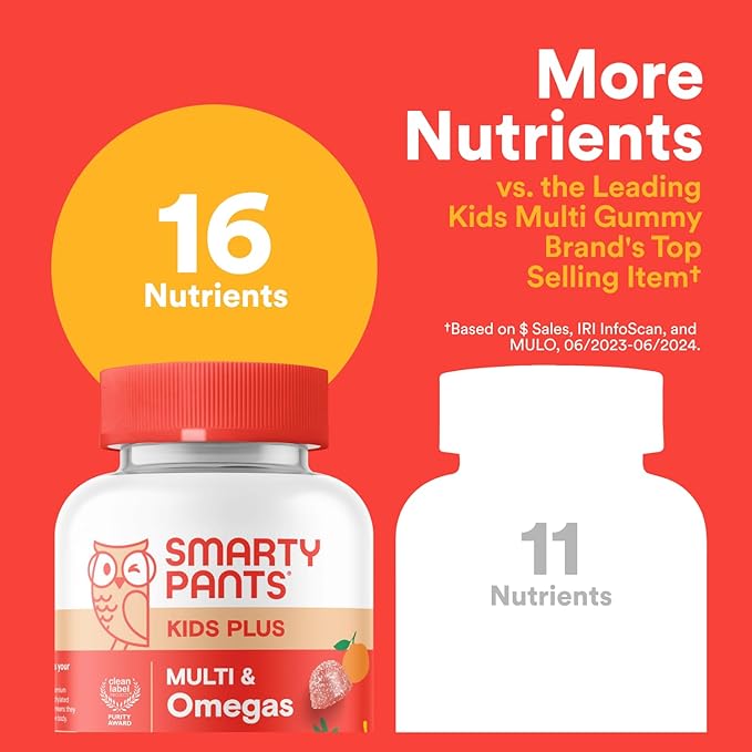 SmartyPants Kids Multivitamin Gummies - Improved Formula: Omega 3 (DHA/EPA), Vitamins D3, C, B12, B6, Vitamin A, K & Zinc, Gluten Free, Three Fruit Flavors, 80 Count (40 Day Supply)