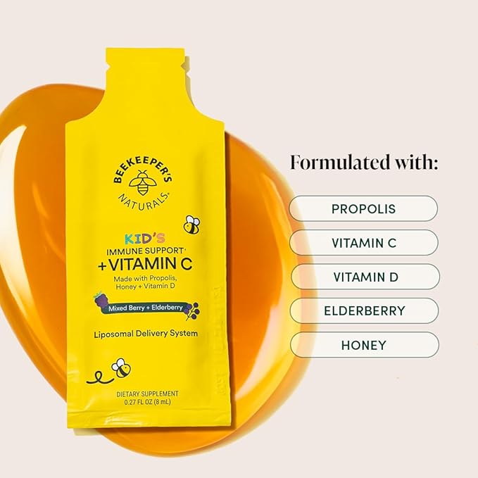Kid's Immune Liposomal Vitamin C by Beekeeper's Naturals, 500 mg Vitamin C, Elderberry, Vitamin D, Propolis & Honey, Kid-Friendly Immune Support - Mixed Berry Flavor, Easy to Use, Bioavailable, 12 Ct
