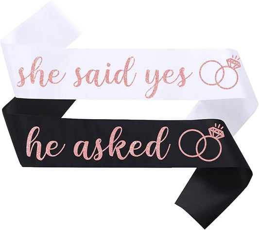 2 Pcs She Said Yes and He Asked Sashes Bride to Be Sash Groom to Be Sash for Wedding Engagement Bachelorette Bridal Shower Party Decorations,White Rose Gold