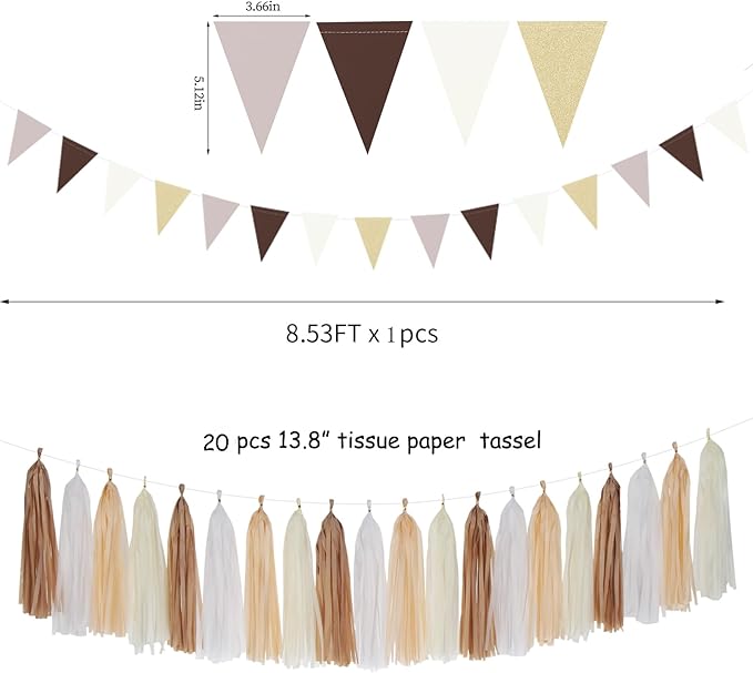 Boho Baby-Shower White-Brown Champagne Party-Decorations - 28pcs Neutral Birthday Wedding Bridal Tissue Pom Poms Streamers, Fall Autumn Tassel Garland Banner, Engagement Christmas Decor Ouruola