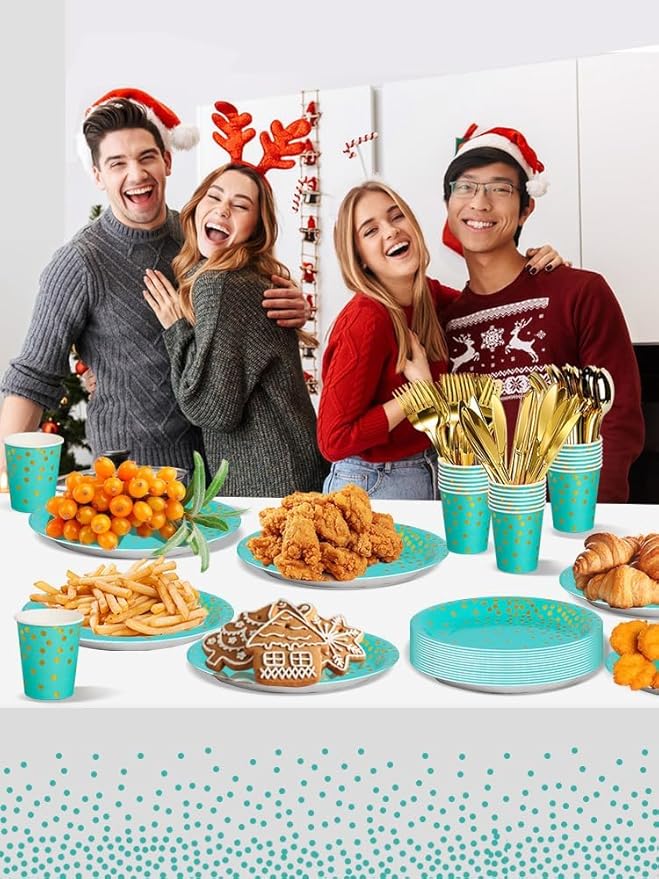 141 Pieces Blue Green and gold Party Supplies, Disposable Party Decorations Sets Include Paper Plates Napkins Cups, Plastic Forks Knives Spoons, for Baby Shower Birthday Wedding -20 Guests