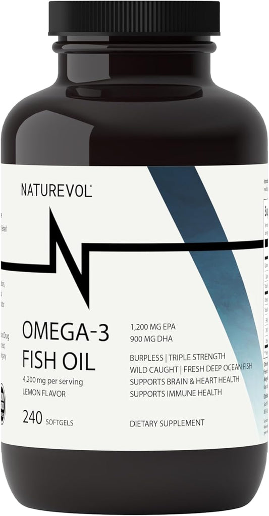 Triple Strength Omega 3 Fish Oil 4200mg - Lemon Flavored | EPA & DHA Fatty Acids | 1200mg EPA + 900mg DHA | Deep Sea Fish | Burpless Fish Oil Supplement - 240 Softgels