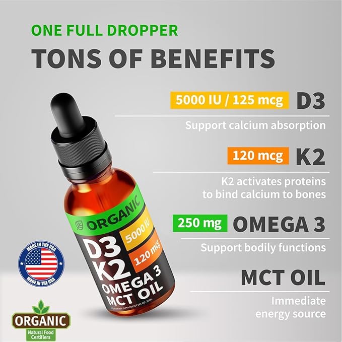 (2 Pack) Organic Vitamin D3 K2 Drops with MCT Oil, Omega 3, 5000 IU - Vitamin D Liquid, No Fillers, Non-GMO D3 for Body’s Defenses and Faster Absorption, Unflavored, 2 Fl Oz