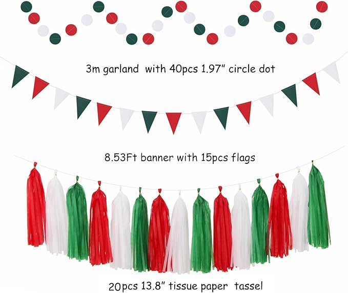 Red-Green White Christmas Party-Decorations - 33pcs Banner,Mexico Italy Streamers Tassel Garland,Tissue Pom Poms Honeycomb,Paper Lantern Fans,Mexican Italian Birthday Wedding Baby Shower Decor Hugtmr