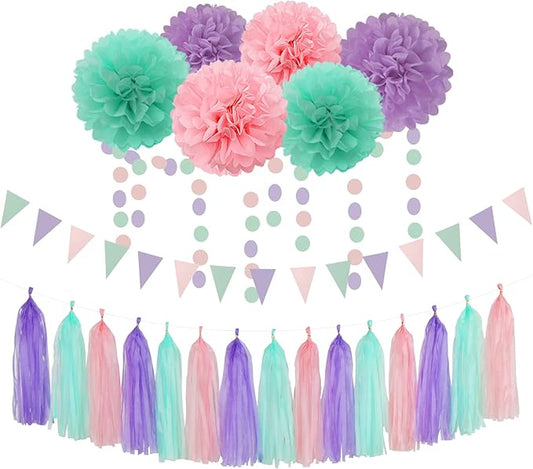 Pink-Purple Mint Mermaid Ocean-Themed Party-Decorations - 23pcs Tissue Pom Poms Streamers,Birthday Tassel Garland Banner,Wedding Engagement Baby Bridal Shower Decor Ouruola