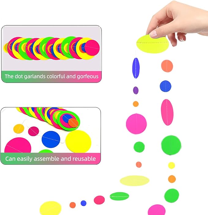 120feet UV Round Dot Paper Neon Garland Neon Streamers Decorations UV Reactive Black Light Party Favors Glow in The Dark Party Supplies for Wedding Birthday Garlands