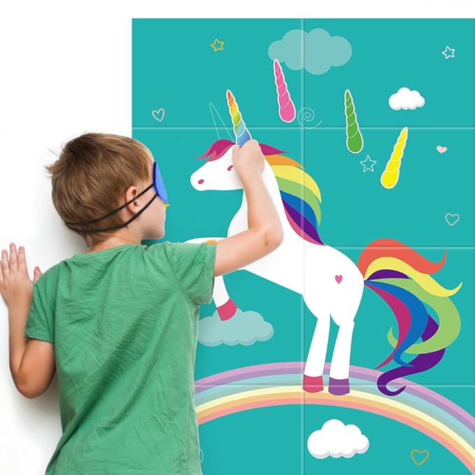 FEPITO Pin The Horn on Unicorn-game for Kids Birthday Party Game with 24 Horn Stickers Birthday Poster for Kids Unicorn-Birthday Girls Rainbow Party Favors Supplies Decoration Home Wall Decor Backdrop