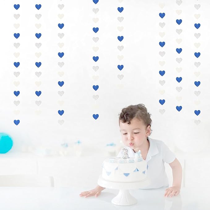 Navy-Blue White-Silver Birthday Party-Decorations Streamers - 52FT Graduation Hanging Heart Garland Banner,Baby Bridal Shower Wedding Engagement Bachelorette Backdrop Decor Hugtmr