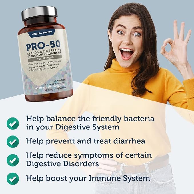 Vitamin Bounty Pro-50 Probiotic 50 Billion CFU - 13 Strain Supplement for Men & Women + Prebiotics - Digestive Health & Gut Support - Lactobacillus & Bifidobacterium - Delayed Release Capsules, 2 Pack