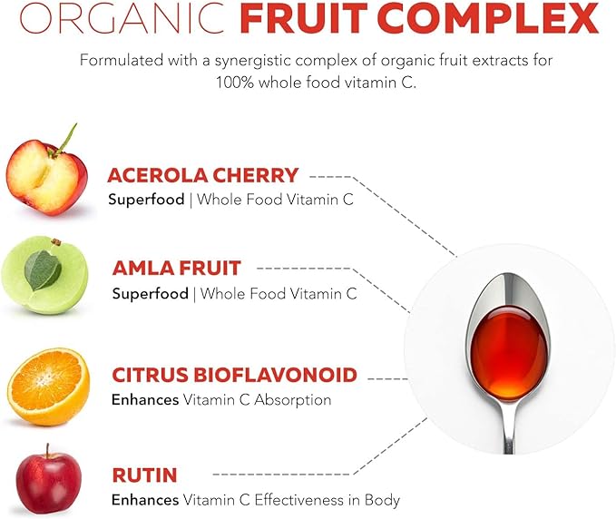 Organic Vitamin C Liquid - 250 mg | Whole Food Vitamin C Supplement from Fruit Plus Absorption Cofactors, Rutin & Citrus Bioflavonoids - Immune & Antioxidant Support, Total Health (96 Servings)