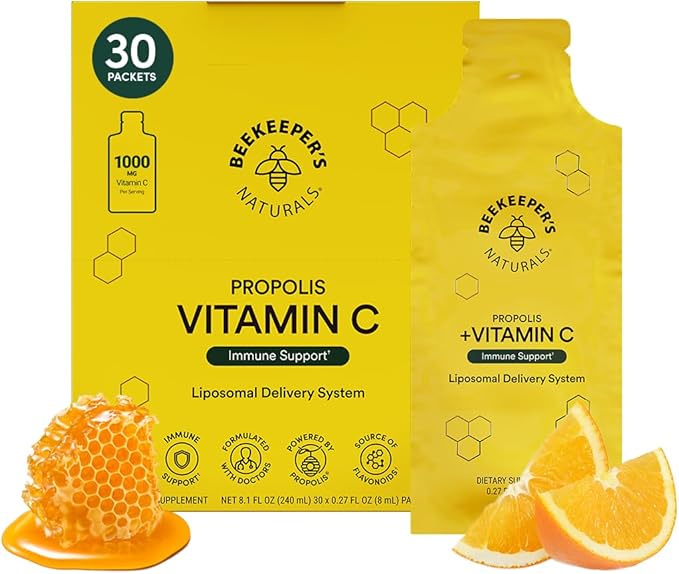 Propolis Liposomal Vitamin C by Beekeeper's Naturals, 1000mg Vitamin C, Propolis & Organic Honey, Supercharged Immune Support & Increased Bioavailibity for Max Absorption, 30 Ct