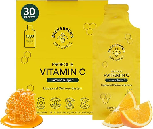 Propolis Liposomal Vitamin C by Beekeeper's Naturals, 1000mg Vitamin C, Propolis & Organic Honey, Supercharged Immune Support & Increased Bioavailibity for Max Absorption, 30 Ct