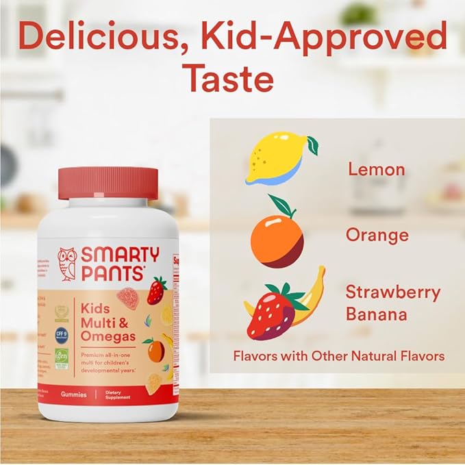 SmartyPants Kids Multivitamin Gummies: Omega 3 Fish Oil (EPA/DHA), Vitamin D3, C, Vitamin B12, B6, A, K & Zinc for Immune Support, Biotin, Gluten Free, Three Fruit Flavors, 120 Count (30 Day Supply)