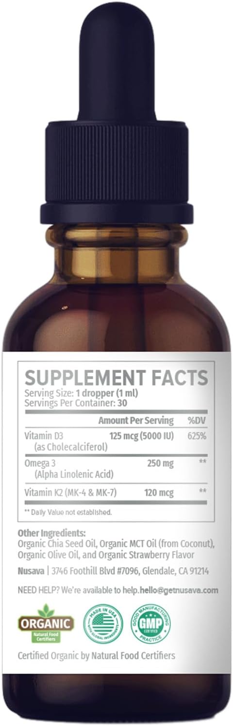 (2 Pack) Organic Vitamin D3 K2 Drops 5000 IU with MCT Oil Omega 3 - Maximum Strength Liquid D3 with No Fillers, Non-GMO for Faster Absorption, Immune Support (Strawberry, 2 Fl Oz)