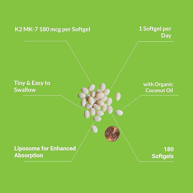 UpNourish Liposomal Vitamin K2 MK7 180 mcg - 180 K2 Vitamin Supplement Softgels for Women and Men - VIT K2 MK-7 with High Absorption