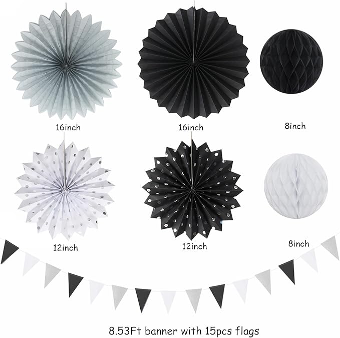 Black White Silver Party Decorations - 20pcs New Year Men Birthday Paper Lanterns Fans,Tissue Pom Poms,Honeycomb Balls,Bunting,Wedding Bachelorette Bridal Graduation Baby Decor Burgleda