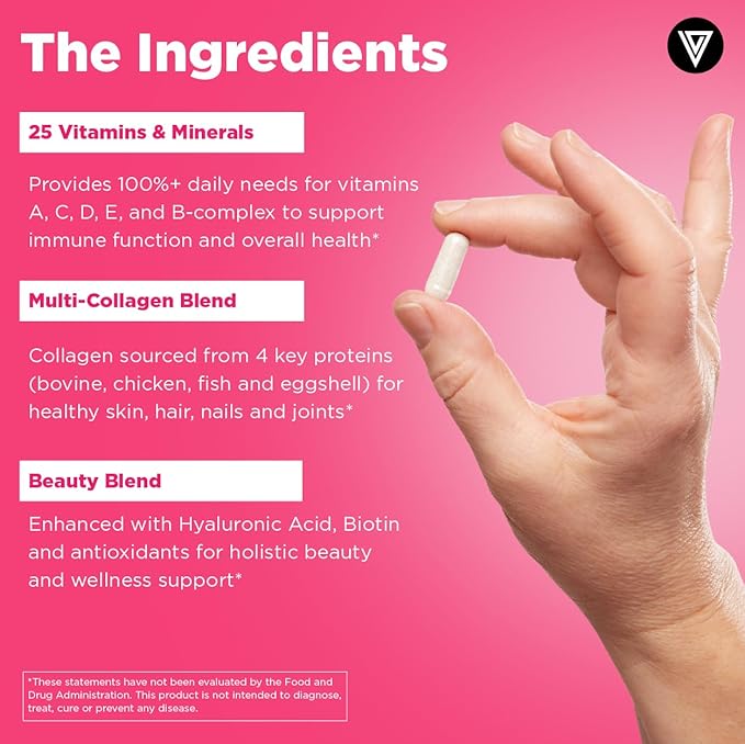 Vital Vitamins Women's Multivitamin Complex - Made with Multi-Collagen Blend, Hyaluronic Acid, & MSM - Beauty Multivitamins - with Vitamin A, C, E, B6, B12, D3-60 Capsules
