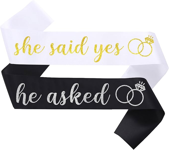 2 Pcs She Said Yes and He Asked Sashes Bride to Be Sash Groom to Be Sash for Wedding Engagement Bachelorette Bridal Shower Party Decorations,White Gold