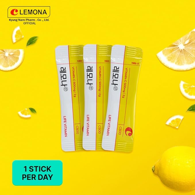 LEMONA Official Vitamin C Powder 500mg Korean Supplements Immune Support B6, B2, On-The-Go Packets Vitamin Healthy Living, Easy to Take Daily Energy Boost Korean Food Snacks Lemon (120Sticks)