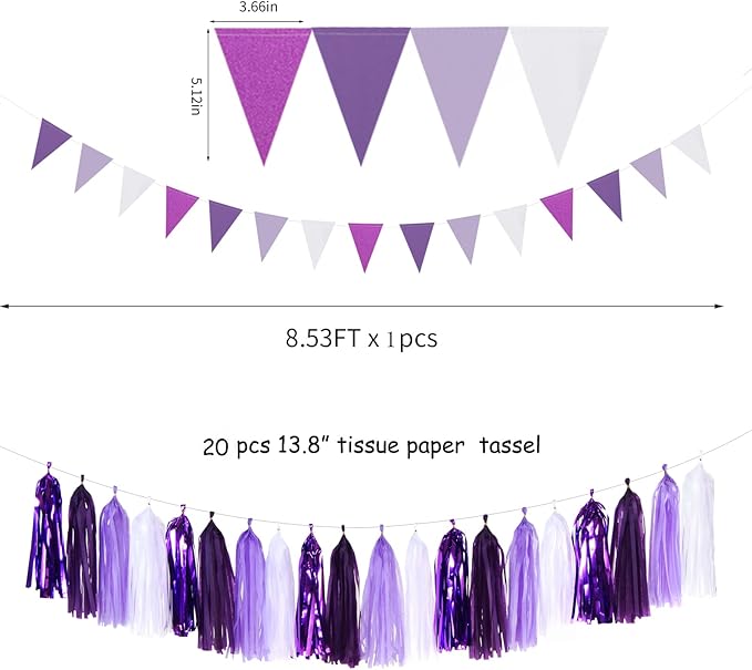 Purple White Lavender Party-Decorations Streamers - 28pcs Tissue Pom Poms,Women Girl Birthday Supplies Tassel Garland Banner,Baby Bridal Shower Wedding Engagement Bachelorette Graduation Decor Lasting Surprise