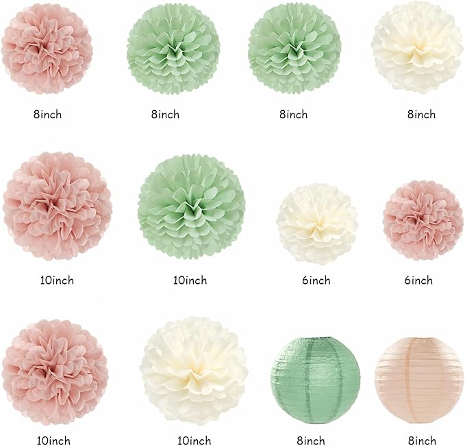 Sage-Green Pink Bridal-Shower Bachelorette Party-Decorations - 22pcs Bride To Be Banner, Beige Paper Lanterns Streamers, Tissue Pom Poms Flowers Fans Favors Wedding Decor Supplies Hugmoon