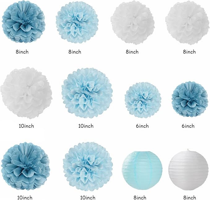 Dusty-Blue White Bridal-Shower Bachelorette Party-Decorations - 22pcs Girls Bride To Be Banner, Light Paper Lanterns Streamers, Tissue Pom Poms Flowers Fans Wedding Decor Backdrop Hugmoon