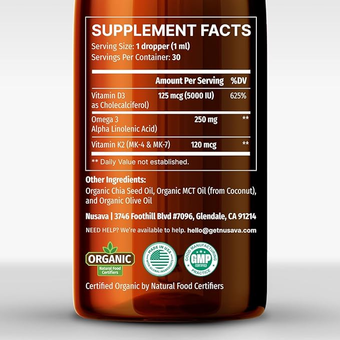 (2 Pack) Organic Vitamin D3 K2 Drops with MCT Oil, Omega 3, 5000 IU - Vitamin D Liquid, No Fillers, Non-GMO D3 for Body’s Defenses and Faster Absorption, Unflavored, 2 Fl Oz