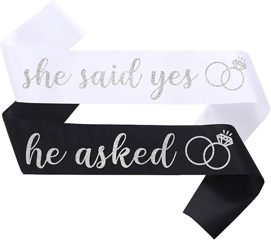 2 Pcs She Said Yes and He Asked Sashes Bride to Be Sash Groom to Be Sash for Wedding Engagement Bachelorette Bridal Shower Party Decorations,White Silver