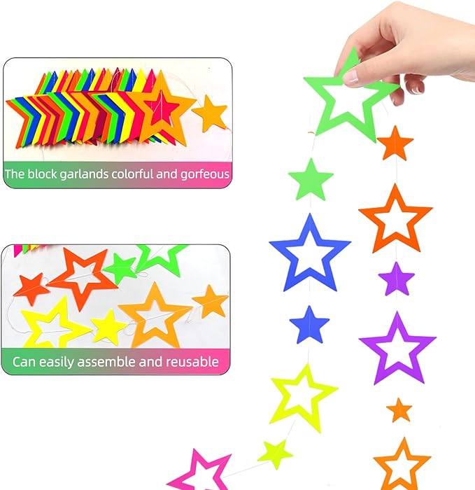 126feet UV Paper Garland Hollowed Star Neon Streamers Black Light Decorations Glow Party UV Reactive Party Favors Glow in The Dark Supplies and Decorations Wedding Birthday Banner