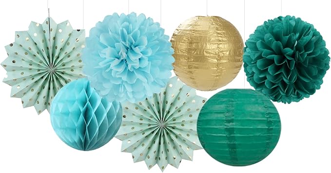 Sage-Green Teal-Blue Party-Decorations Streamers Lanterns - 14pcs Rustic Wedding Baby Shower Paper Lanterns Fan,Tissue Pom Poms,Honeycomb Balls,Birthday Bachelorette Engagement Bridal Decor Ouruola