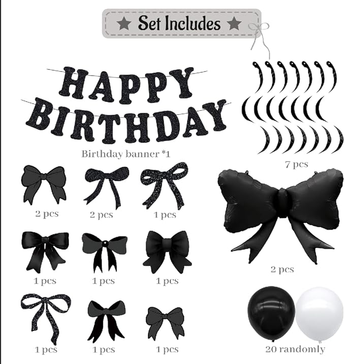 FBQ 24 Pcs Black Bow Happy Birthday Banner Bow Hanging Swirls Black Bow Foil Balloons Latex balloon Butterfly Themed Birthday Party Decorations Supplies