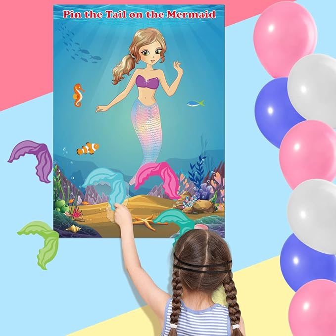 FEPITO Mermaid Party Supplies Pin The Tail on The Mermaid Party Game with 24Pcs Tail Stickers for Kids Birthday Party