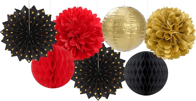 Red-Black Gold Party Decorations Streamers Lanterns - 14pcs Casino-Theme Graduation 2025 Paper Fan,Game Night Wedding Birthday Baby Bridal Shower Tissue Pom Poms,Honeycomb Balls Decor Ouruola