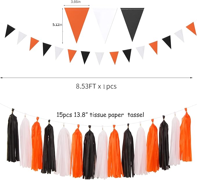 Black White Orange Halloween Party-Decorations - 23pcs Tissue Pom Poms Streamers,Tassel Garland Banner,Graduation 2025 Birthday Wedding Baby Bridal Shower Decor Bunting Lasting Surprise