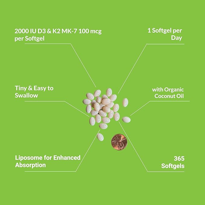 UpNourish Liposomal Vitamin D3 K2 2000 IU with K2 MK-7 100 mcg - 365 Vitamin D3 k2 (Vitamina D3 con K2) Mini Softgels with Organic Coconut Oil - Easy to Swallow K2 D3 Vitamin Supplement