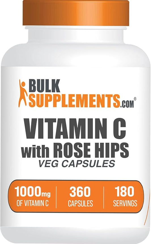 BulkSupplements.com Vitamin C with Rose HIPS Capsules - Vitamin C 1000mg & Rose HIPS 15mg, for Immune Support - Vegan, 2 Capsules per Serving, 360 Count (Pack of 1)