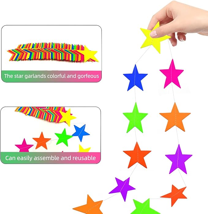 120feet UV Star Paper Neon Garland Neon Streamers Black Light Neon Decorations for Dark Glow Party UV Reactive Neon Party Favors Glow in The Dark Party Supplies for Party Wedding Birthday Banners