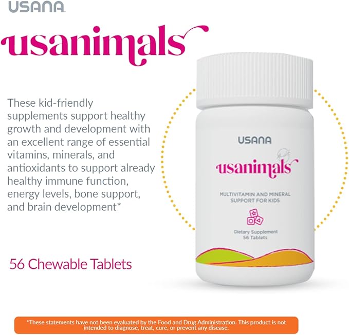 USANA Usanimals Multivitamin for Kids - Daily Chewable Tablets with Vitamins A, C, D, E, B6, B12, Zinc, Iron - Supports Immune, Bone & Brain Health - Essential Nutrients for Ages 2-12 - 56 Tablets