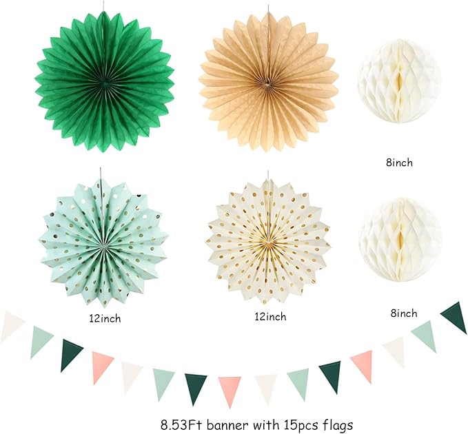 Sage-Green Pink Party-Decorations Paper-Flowers Lanterns - 20PCS Boho Rustic Tissue Pom Poms Streamers Fans Honeycomb, Birthday Baby Shower Neutral Garden Wedding Hanging Supplies Decor Burgleda