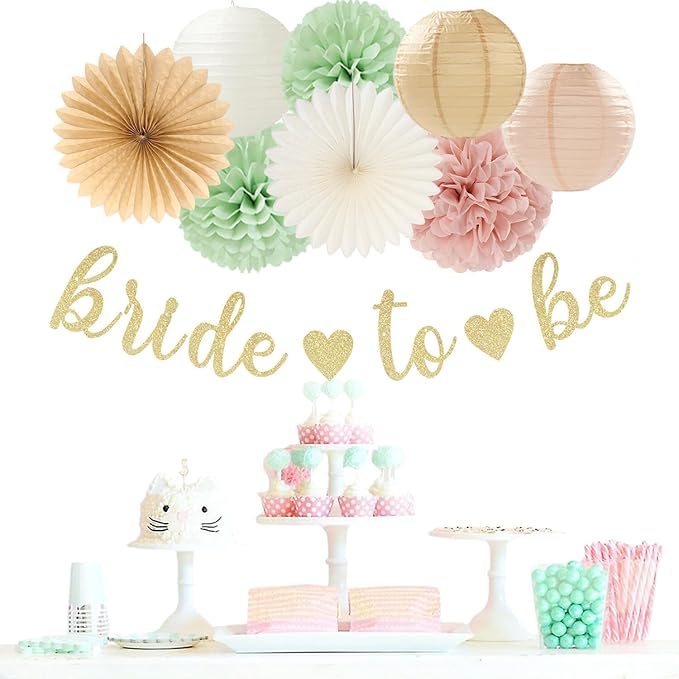 Sage-Green Pink Bridal-Shower Bachelorette Party-Decorations - 22pcs Bride To Be Banner, Beige Paper Lanterns Streamers, Tissue Pom Poms Flowers Fans Favors Wedding Decor Supplies Hugmoon